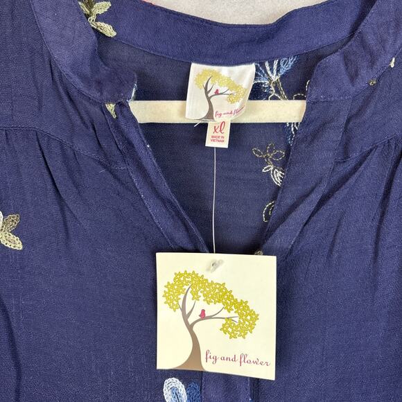 Anthropologie Fig and Flower Tunic XL Embroidered Floral Button Long Sleeve Blue - Picture 2 of 11